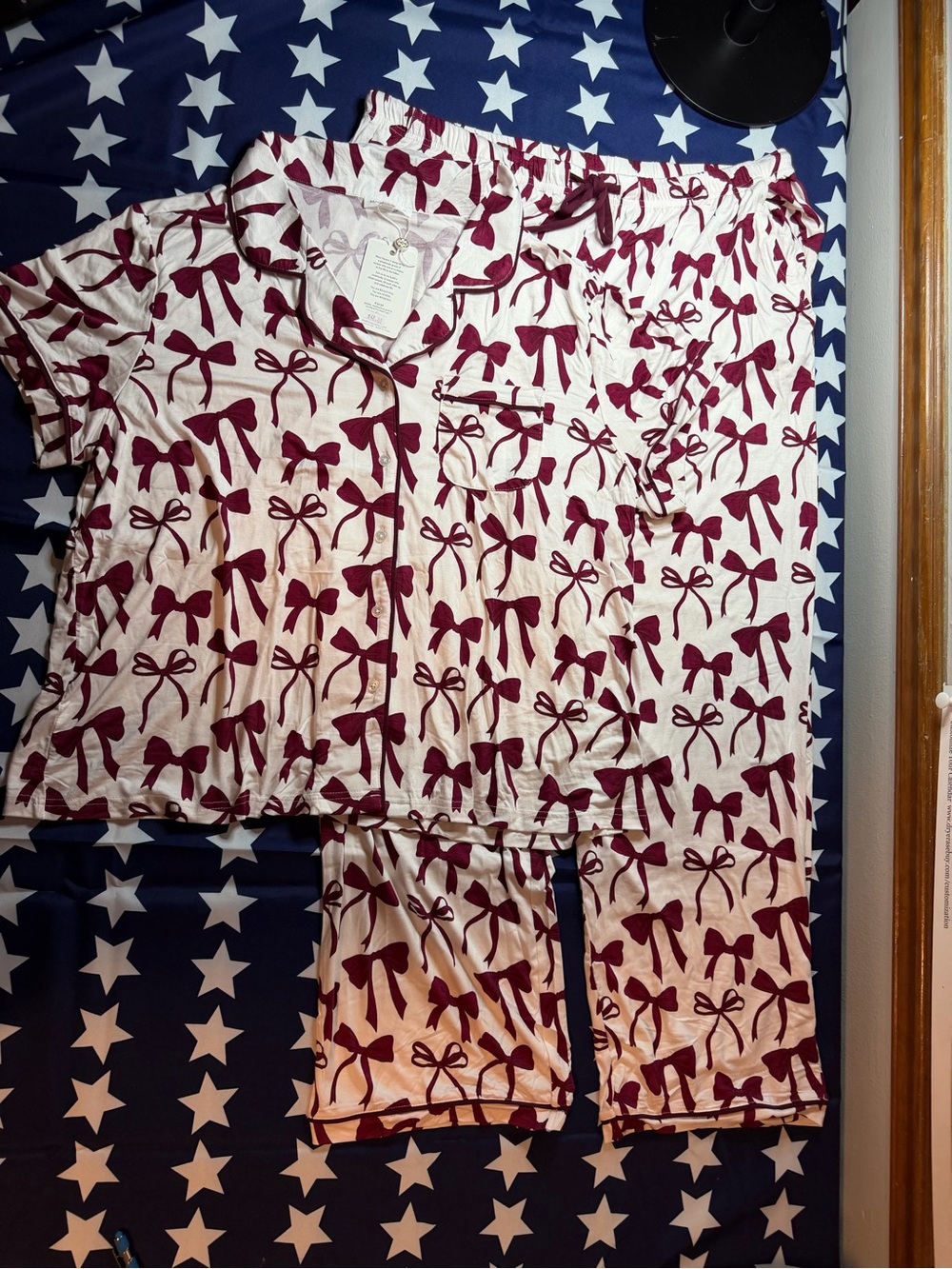 Women's Cream Pajama Set with Burgundy Bow Print